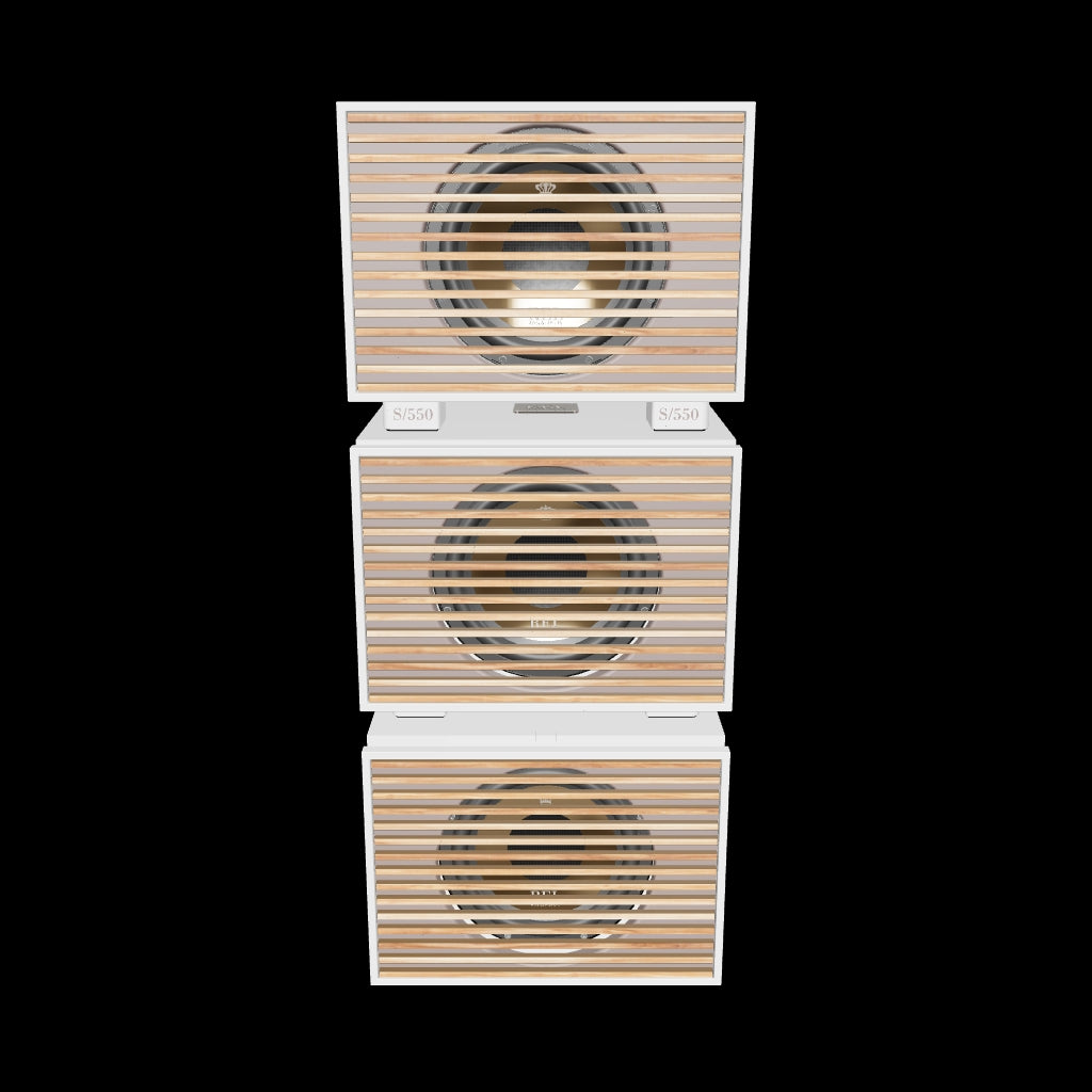 REL Series S 550 Line Array White Wood Grill