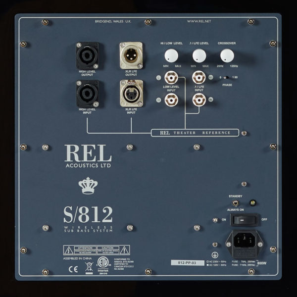 Rear panel of a REL S/812 Subwoofer.