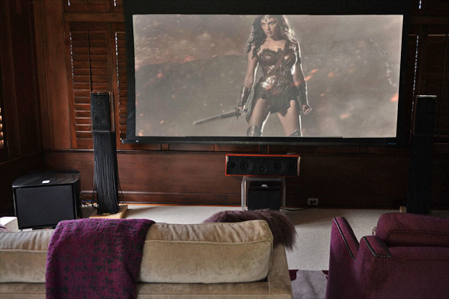 REL home theater setup that highlights the center channel speaker.