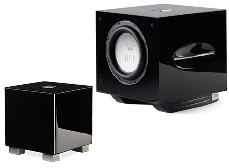 A REL T/5x Subwoofer and a REL S/510 Subwoofer sitting next to one another.